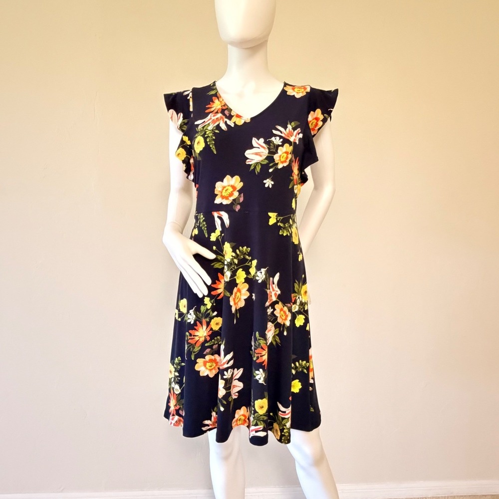 NWT Ann Taylor Factory Navy Floral Flutter Sleeve Fit & Flare Dress Petite SP‎